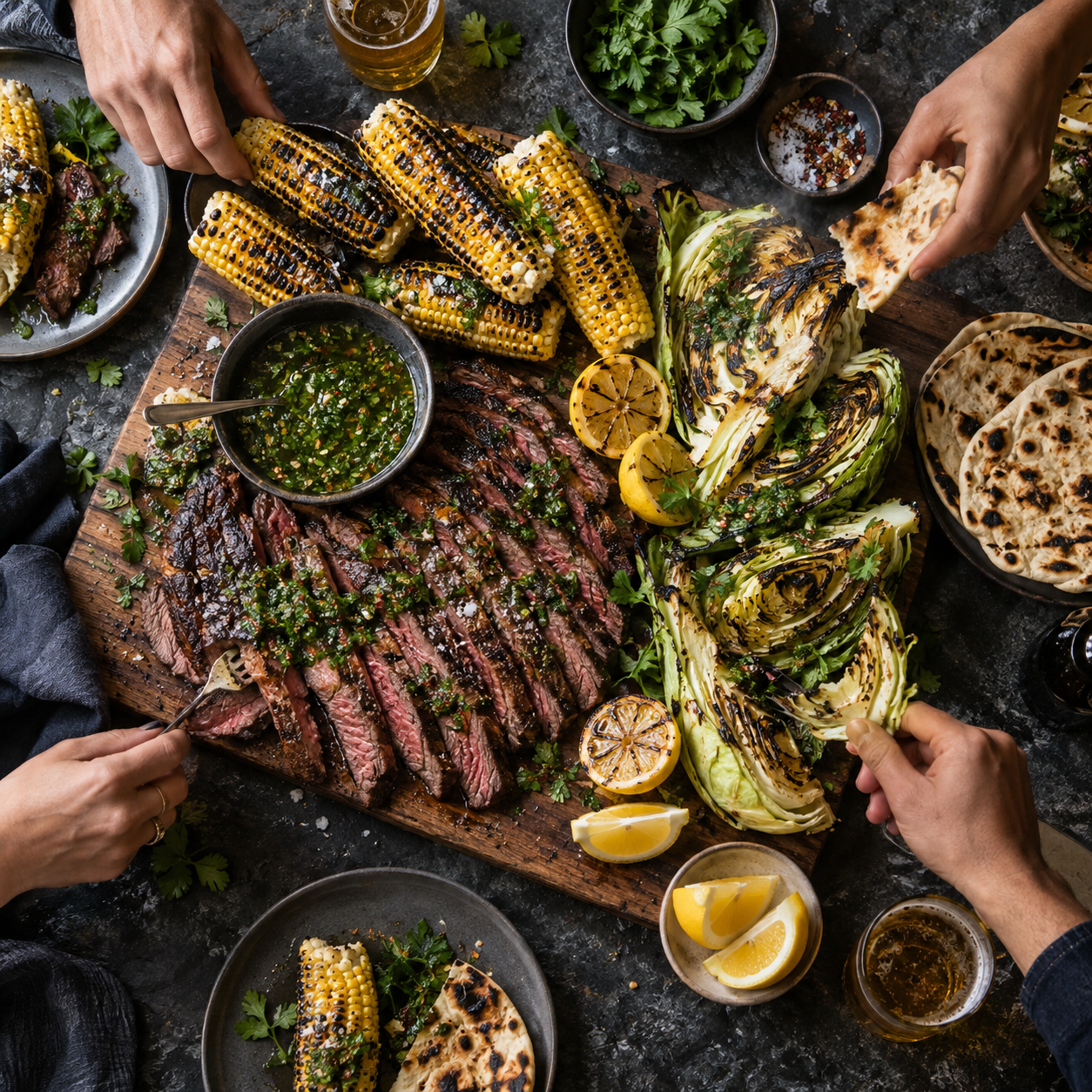 Große Grillplatte mit Flank Steak, Mais, Spitzkohl und Fladenbrot